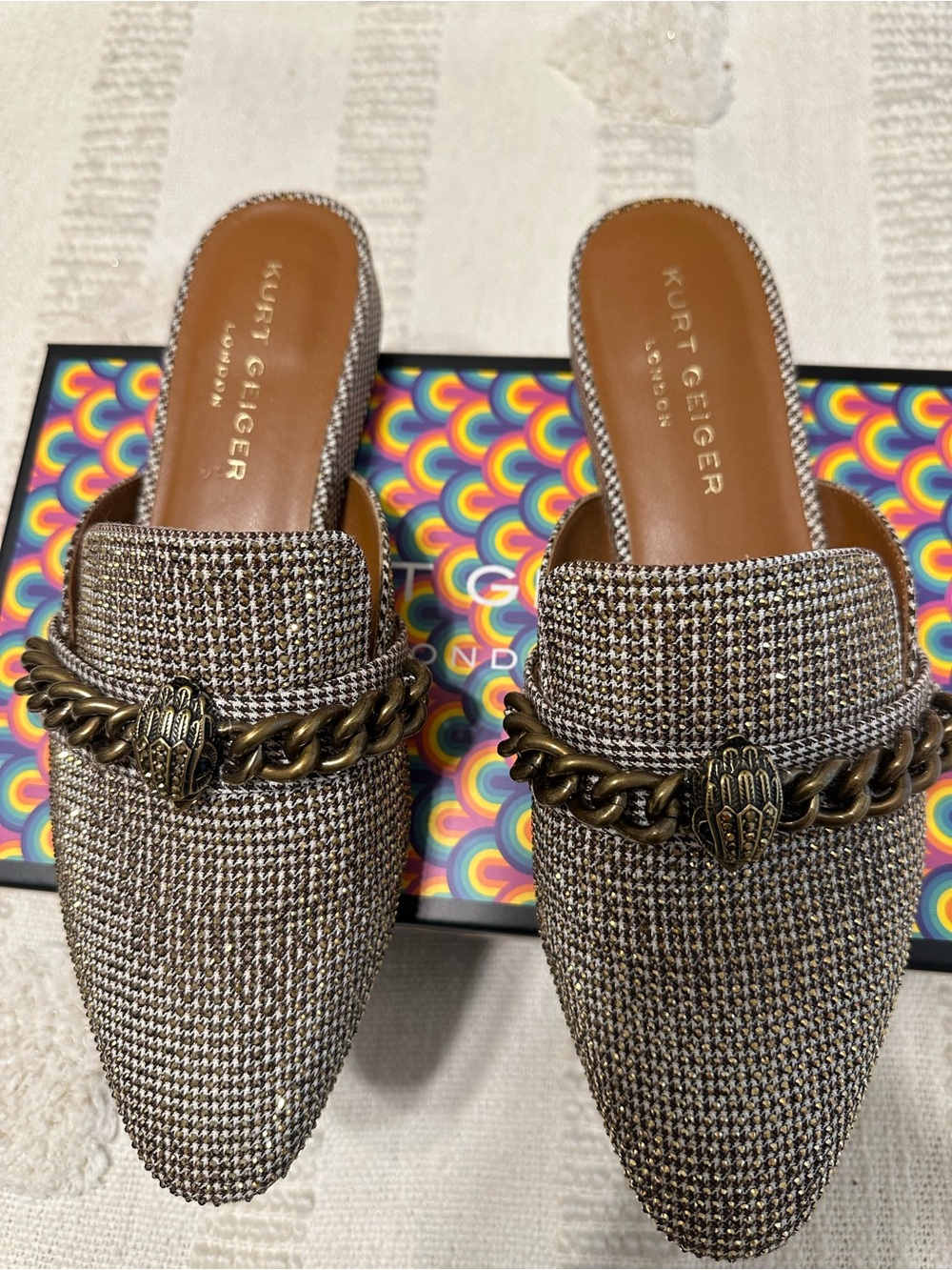 Kurt Geiger Tweed Pointed- Toe Chain Mule in Brown - Picture 3 of 8